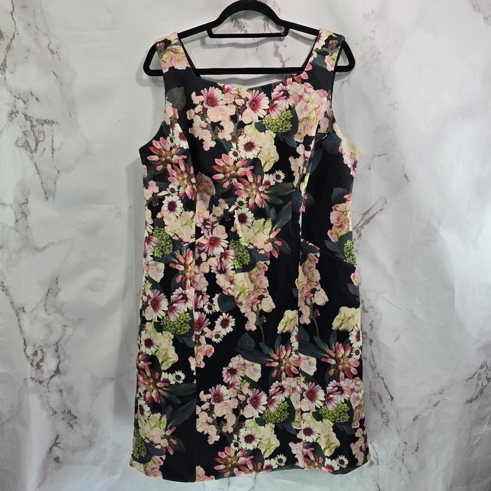 Adrianna Papell Dress Womens 14W Black Floral Scuba Square Neck Tank Sleeveless